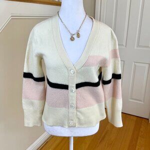 Enza Costa Sweater Cardigan Wool Cream Pink Black Stripe Four Button Close (M)
